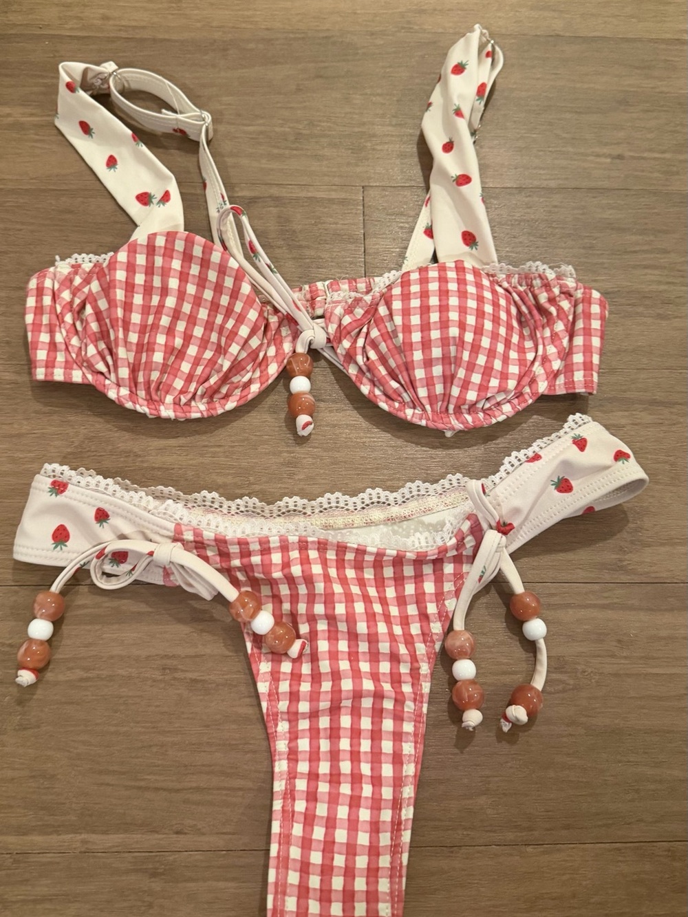 Pink Gingham Tie-Shoulder Bikini Set with Strawberry Trim